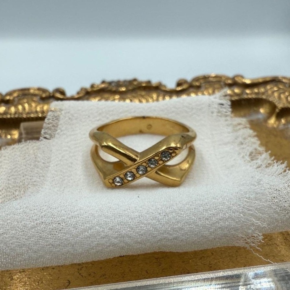 Gold Tone X Crossover Rhinestone Statement Ring Size 7 Bypass Design